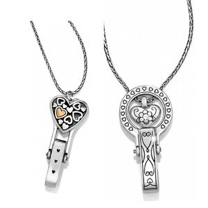 Lot of 2 Vintage Brighton Silver Heart Lariat Necklace | ID Badge Holder | 36”